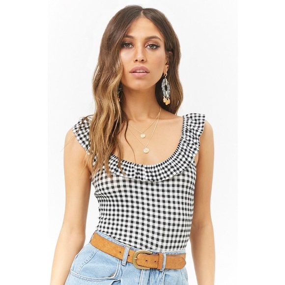 Forever 21 Tops - 3/$25🪴 Forever 21 Gingham Ribbed Ruffle Strap Bodysuit S